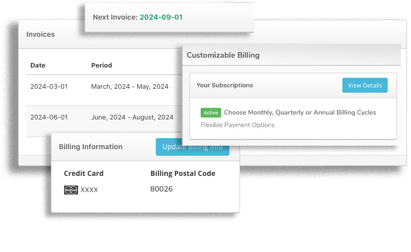 Custom billing platform image indicating Monthly, Quarterly or Annual plans